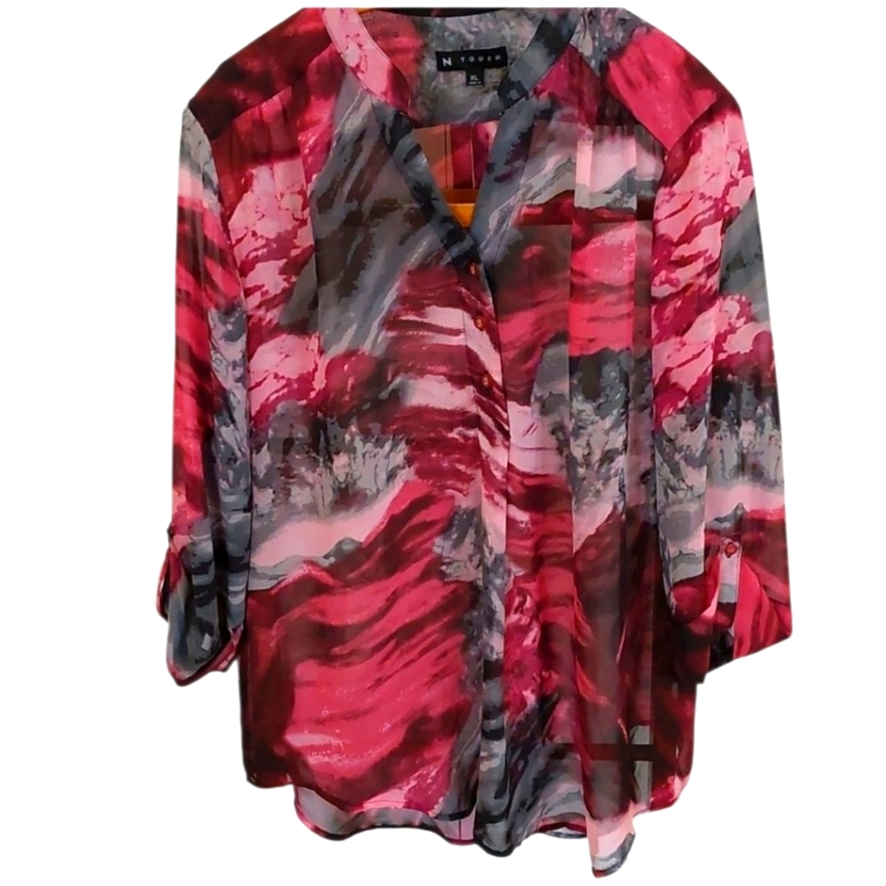 Pretty N Touch Sheer Tunic XL Gray Pink Maroon EUC